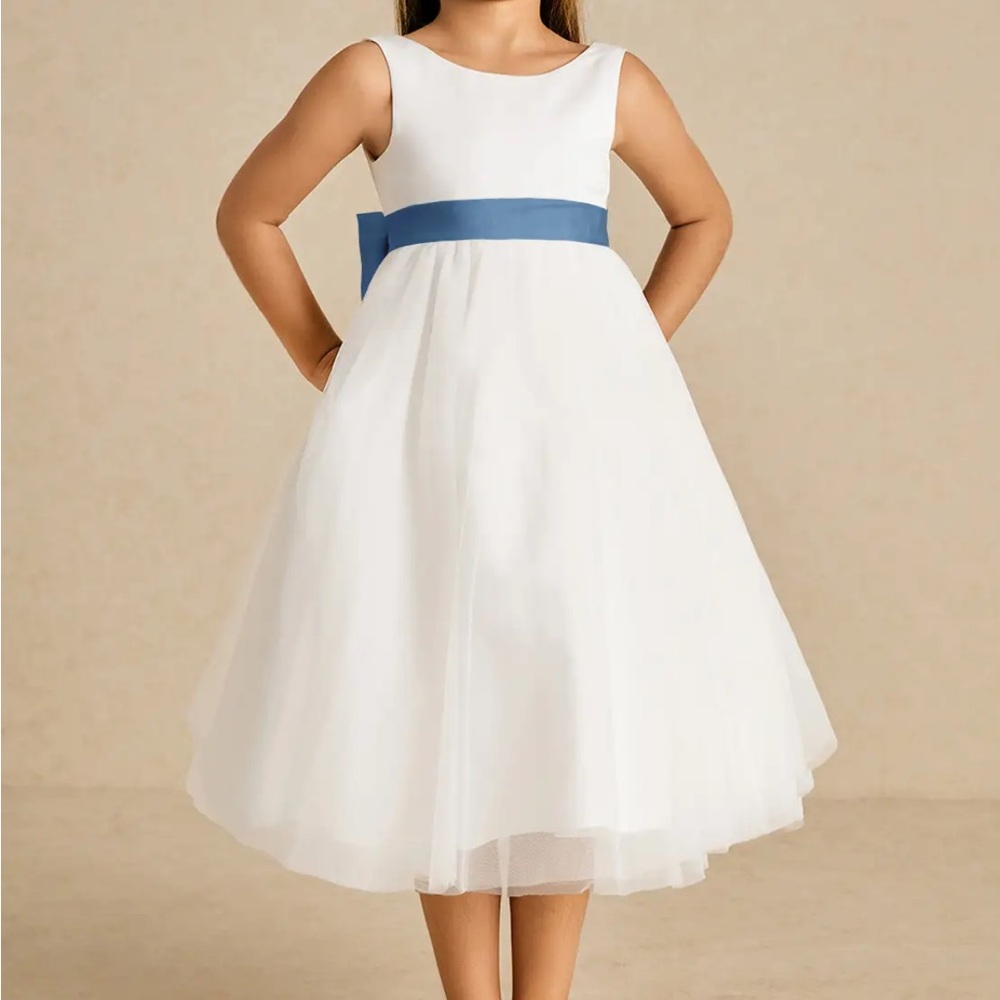 Azazie Kavi Ivory Steel Blue A-Line Bow Matte Satin Dress